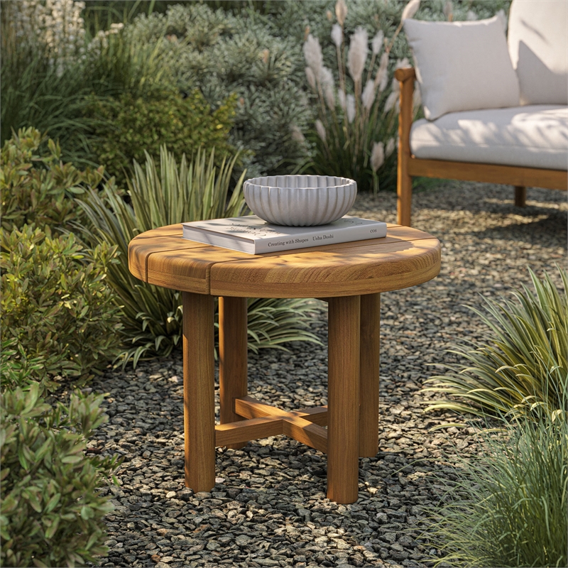 Eleni 20-Inch Round Outdoor Teak Wood Side Table in Natural