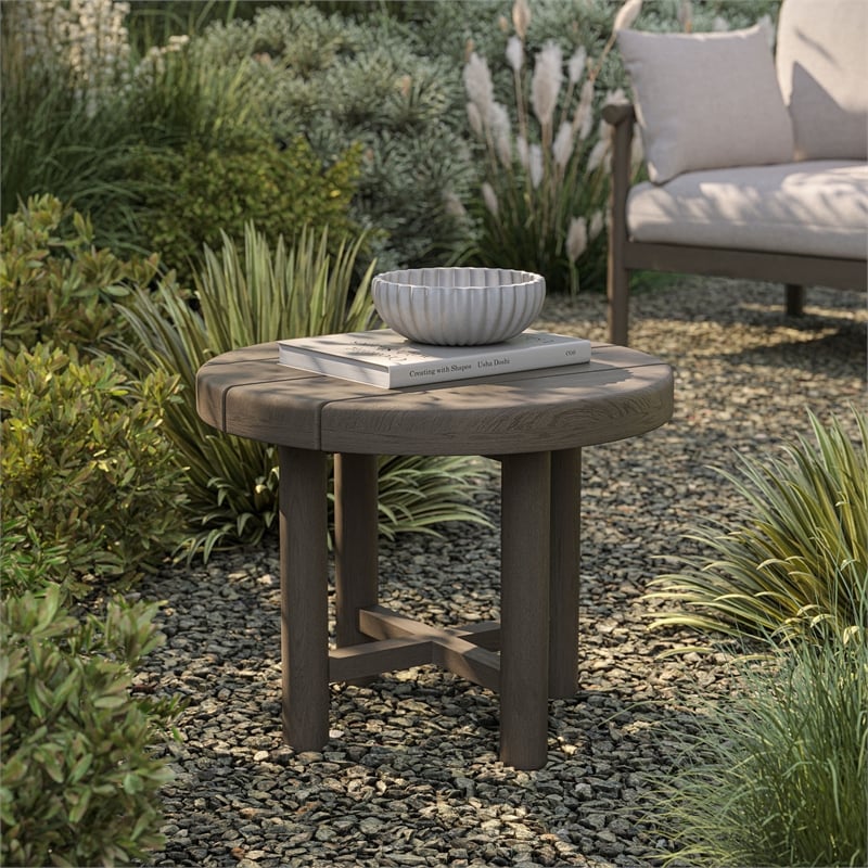 Eleni 20-Inch Round Outdoor Teak Wood Side Table in Weathered Gray Teak