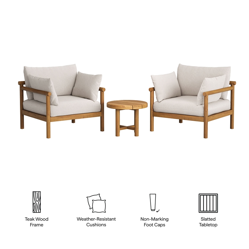 Eleni 3-Piece Outdoor Teak Wood Furniture Set in Natural Sail