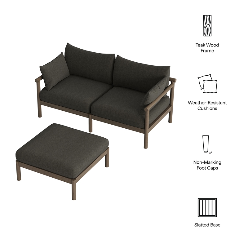 Eleni 2-Piece Outdoor Teak Wood Loveseat with Ottoman Set in Weathered Gray Flint