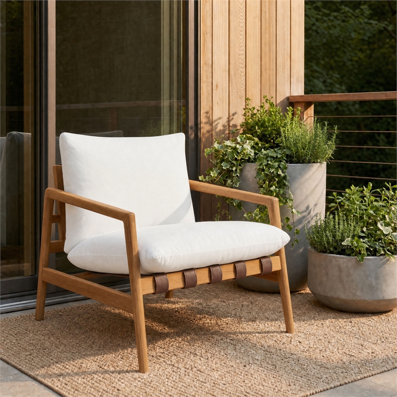 Nomi Outdoor Teak Wood Sling Chair in Natural White