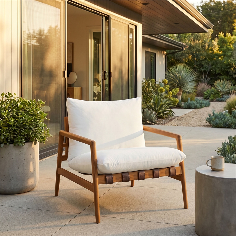 Nomi Outdoor Teak Wood Sling Chair in Natural White