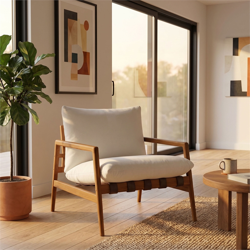 Nomi Outdoor Teak Wood Sling Chair in Natural White