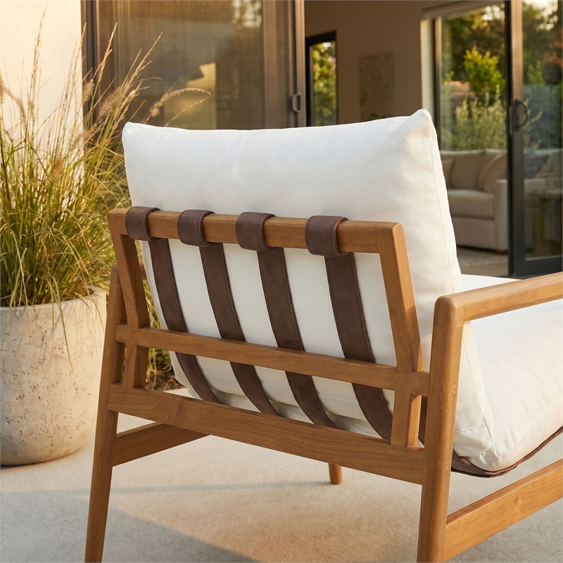 Nomi Outdoor Teak Wood Sling Chair in Natural White