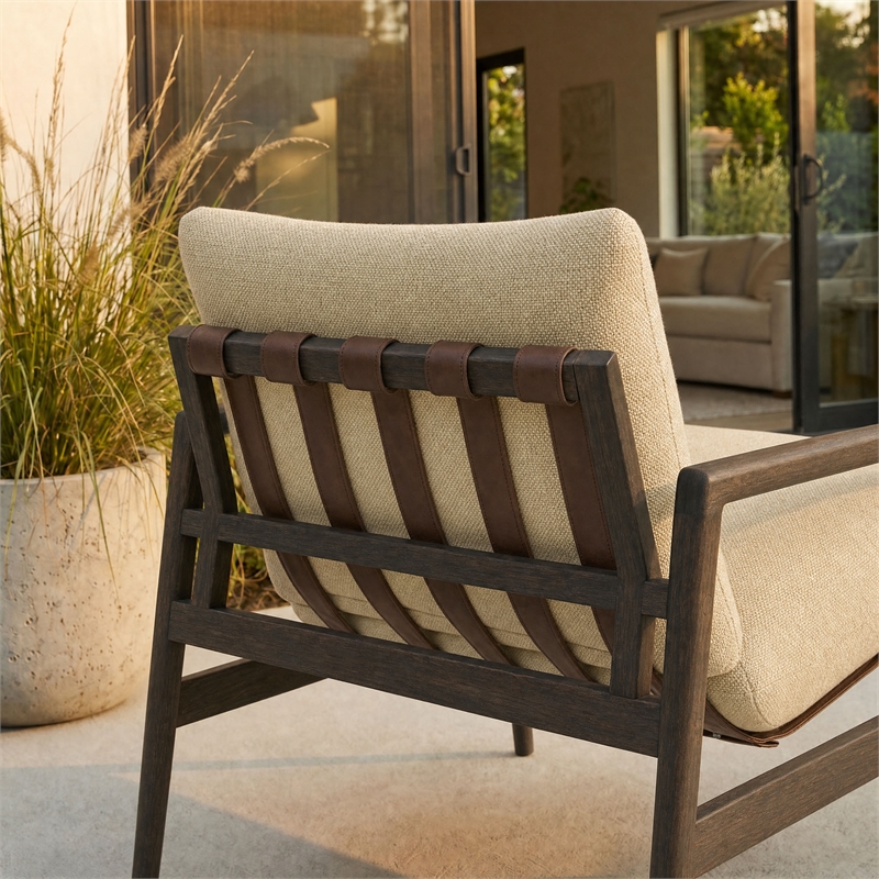 Nomi Outdoor Teak Wood Sling Chair in Dark Brown Sand