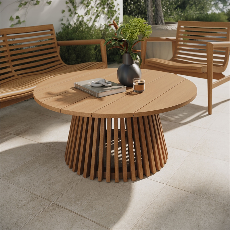Lane 39 Inch Round Outdoor Teak Wood Coffee Table in Natural