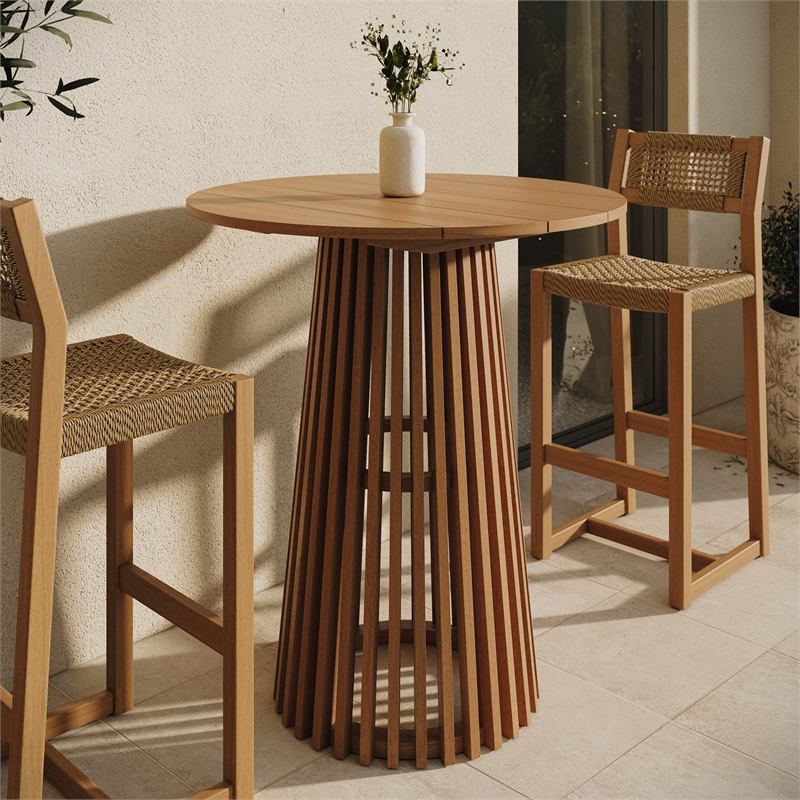 Lane 35 Inch Round Outdoor Teak Wood Bar Table in Natural