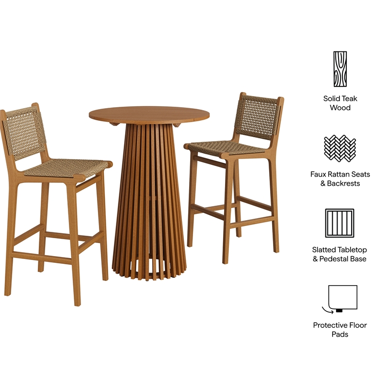 Rowe 3-Piece Outdoor Teak Wood Bar Set in Natural