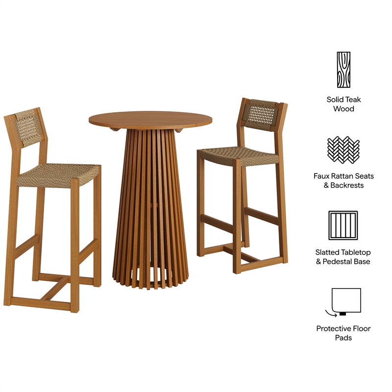 Reed 3-Piece Outdoor Teak Wood Bar Set in Natural