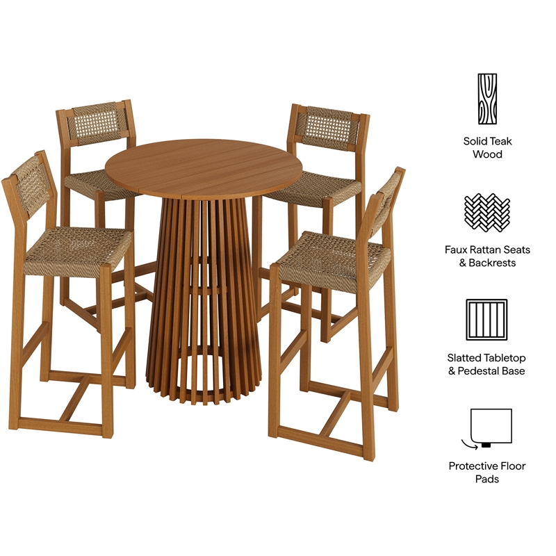 Reed 5-Piece Outdoor Teak Wood Bar Set in Natural