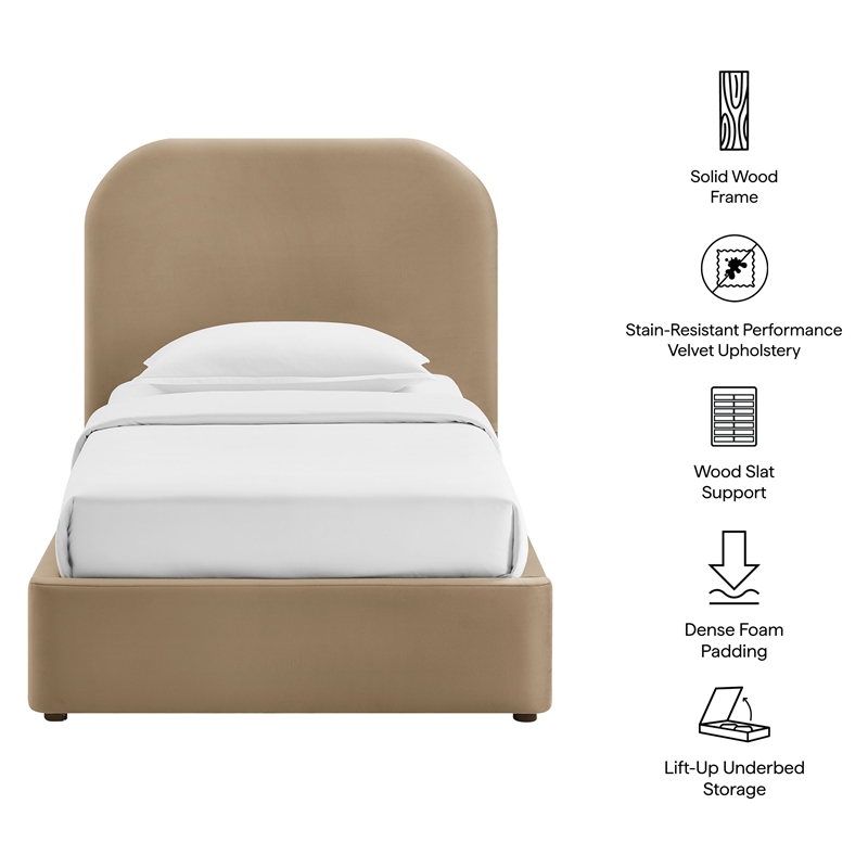 Keynote Twin Performance Velvet Storage Platform Bed in Taupe