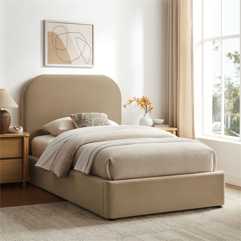 Keynote Twin Performance Velvet Storage Platform Bed in Taupe