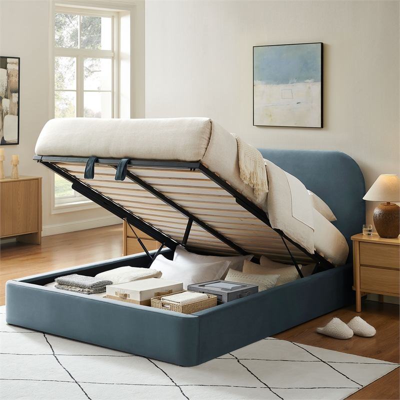 Keynote King Performance Velvet Storage Platform Bed in Cadet Blue