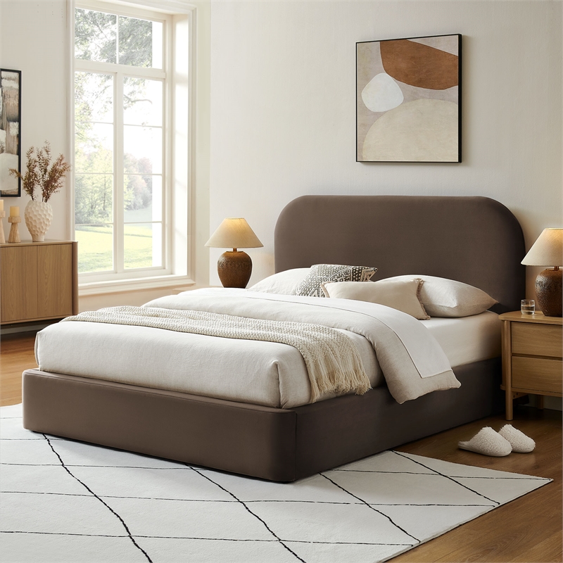 Keynote Queen Performance Velvet Storage Platform Bed in Chocolate Brown