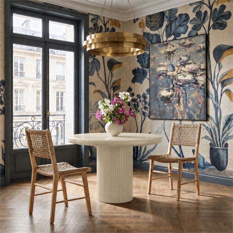 Belmonte 45 Inch Round Dining Table with Fluted Pedestal Base in Putty