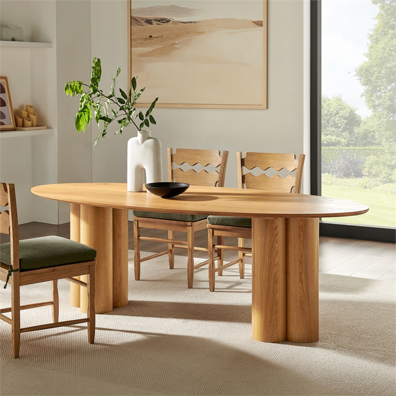 Renwick 79 Inch Oval Oak Veneer Dining Table with Pedestal Base in Oak