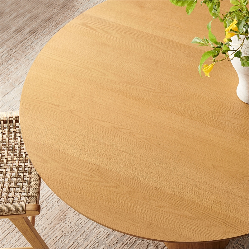 Renwick 47 Inch Round Oak Veneer Dining Table with Pedestal Base in Oak