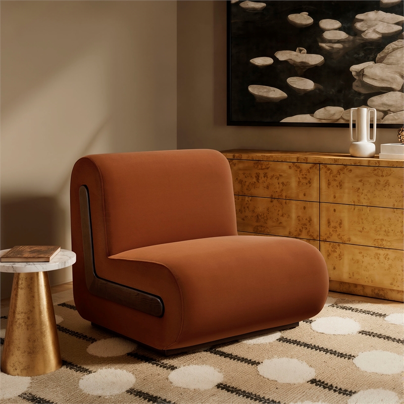 Denby Performance Velvet Accent Chair with Wood Inlay in Rust