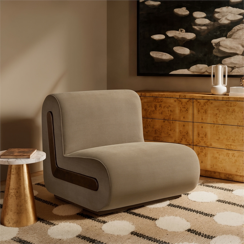 Denby Performance Velvet Accent Chair with Wood Inlay in Taupe