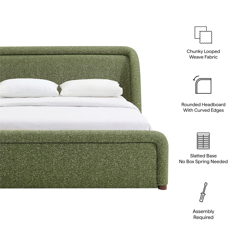 Tasmin Upholstered Fabric Queen Platform Bed with Rounded Headboard in Olive