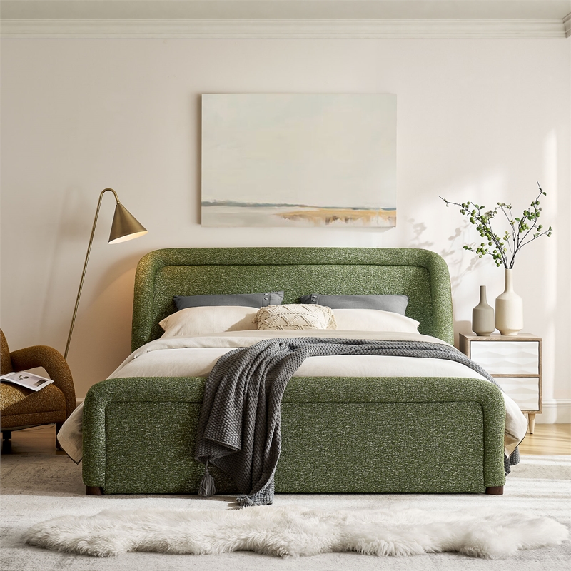 Tasmin Upholstered Fabric Queen Platform Bed with Rounded Headboard in Olive