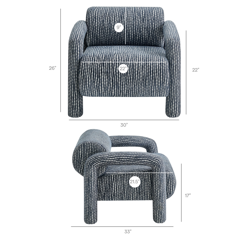 Quill Patterned Fabric Accent Chair with Bolster Back in Navy