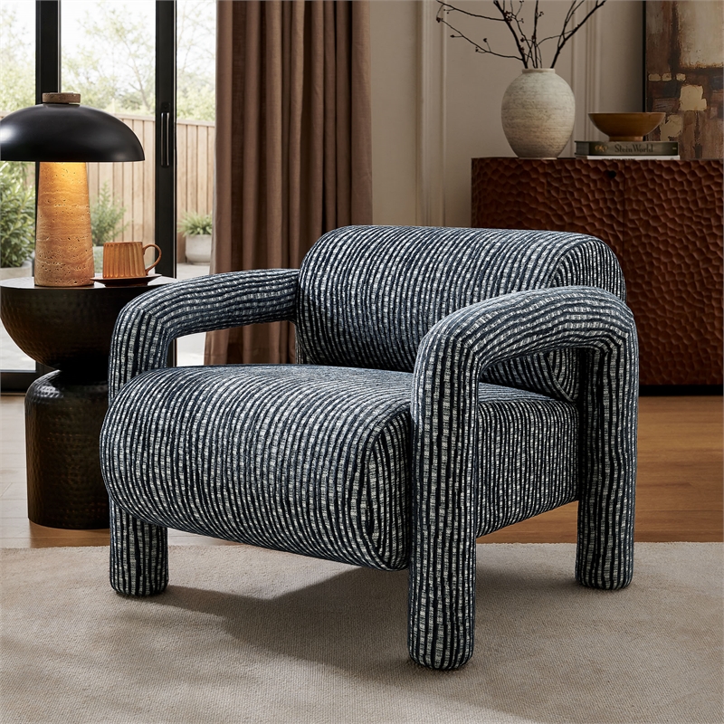 Quill Patterned Fabric Accent Chair with Bolster Back in Navy