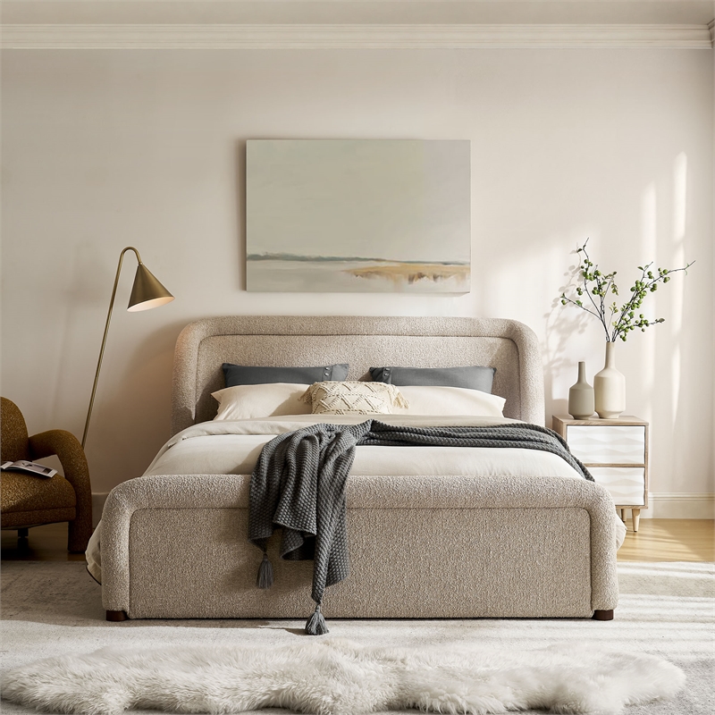 Tasmin Upholstered Fabric Queen Platform Bed with Rounded Headboard in Linen