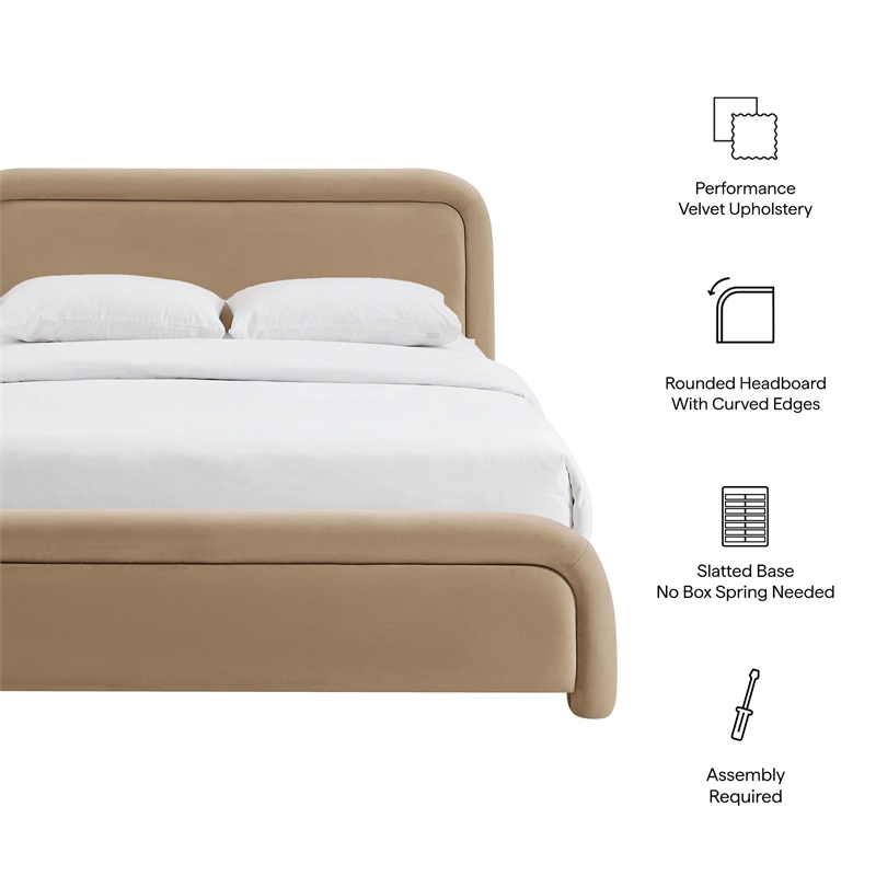 Beck Performance Velvet Queen Platform Bed with Piped Headboard in Taupe