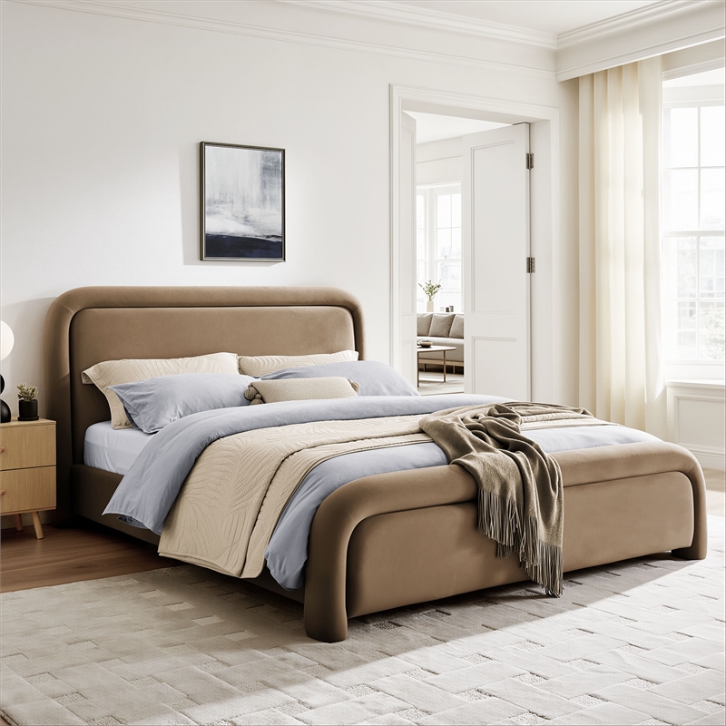 Beck Performance Velvet Queen Platform Bed with Piped Headboard in Taupe