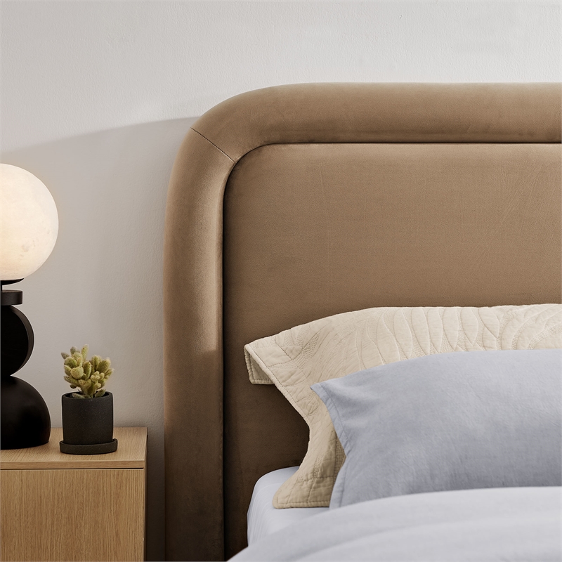 Beck Performance Velvet Queen Platform Bed with Piped Headboard in Taupe