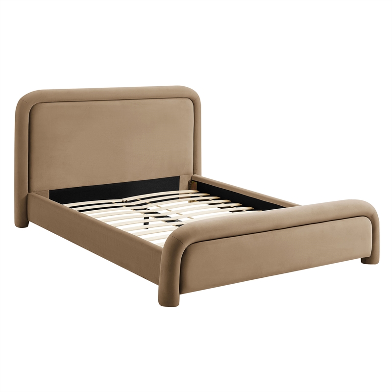 Beck Performance Velvet Queen Platform Bed with Piped Headboard in Taupe