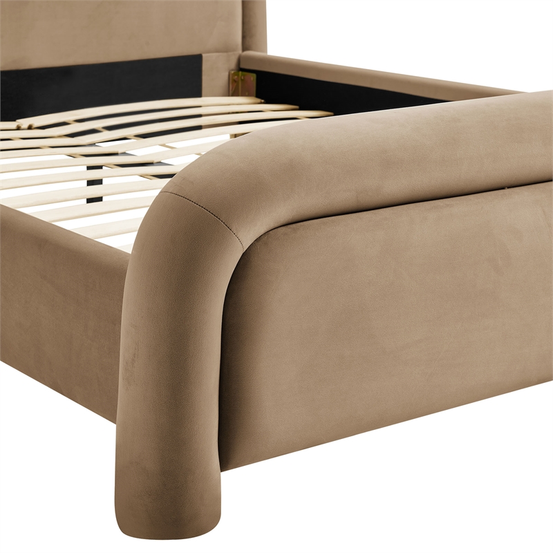 Beck Performance Velvet Queen Platform Bed with Piped Headboard in Taupe