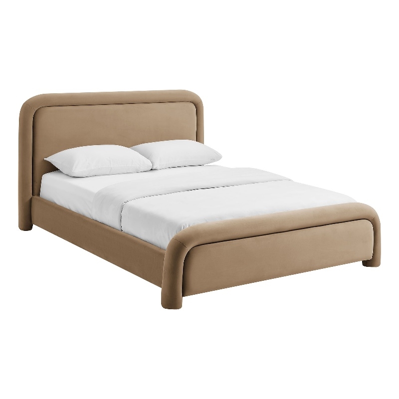 Beck Performance Velvet Queen Platform Bed with Piped Headboard in Taupe