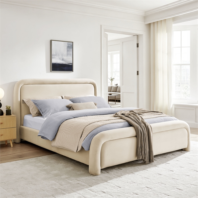 Beck Performance Velvet King Platform Bed with Piped Headboard in Alabaster