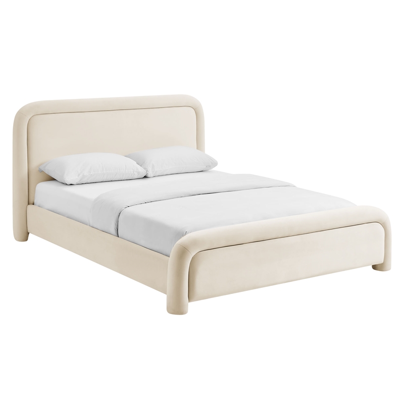 Beck Performance Velvet King Platform Bed with Piped Headboard in Alabaster