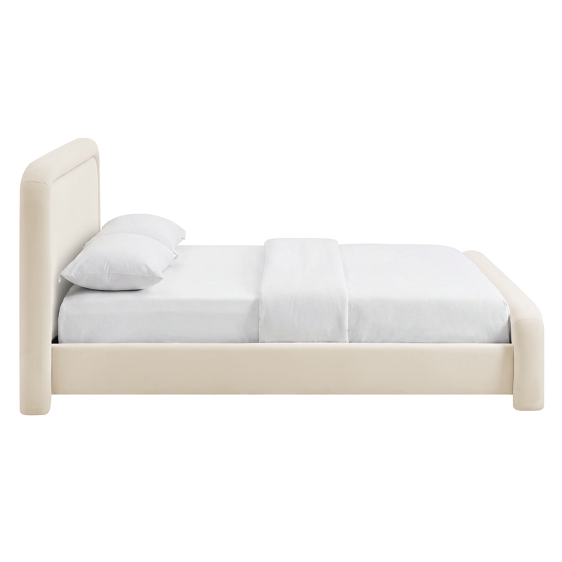 Beck Performance Velvet King Platform Bed with Piped Headboard in Alabaster