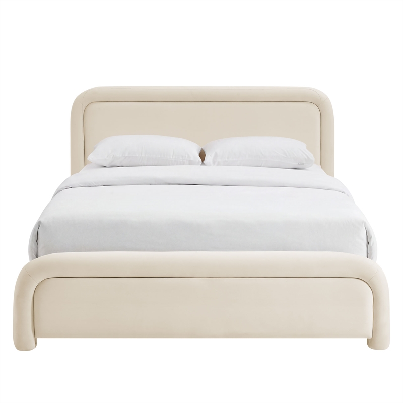 Beck Performance Velvet King Platform Bed with Piped Headboard in Alabaster