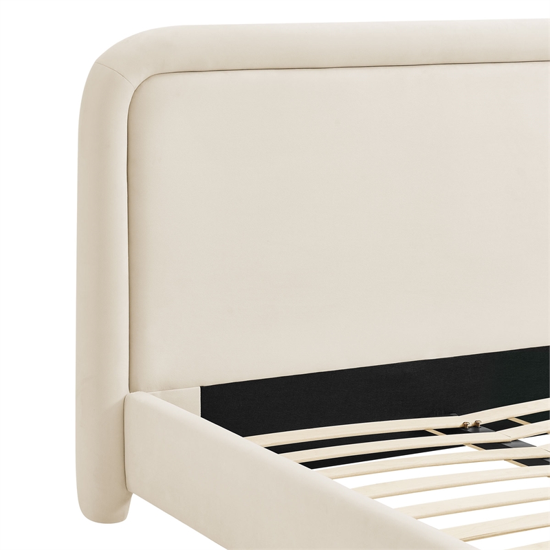 Beck Performance Velvet King Platform Bed with Piped Headboard in Alabaster
