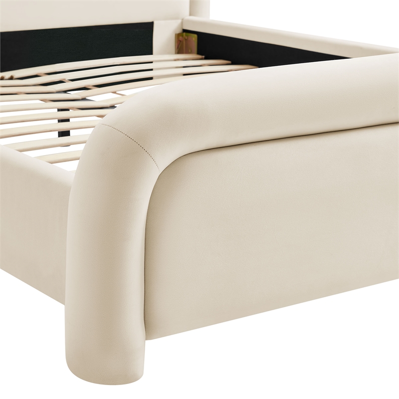 Beck Performance Velvet King Platform Bed with Piped Headboard in Alabaster
