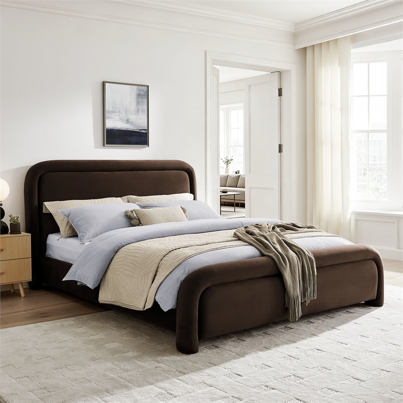 Beck King Performance Velvet Platform Bed in Chocolate Brown