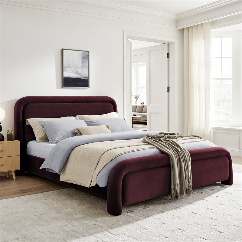 Beck Performance Velvet King Platform Bed with Piped Headboard in Mulberry