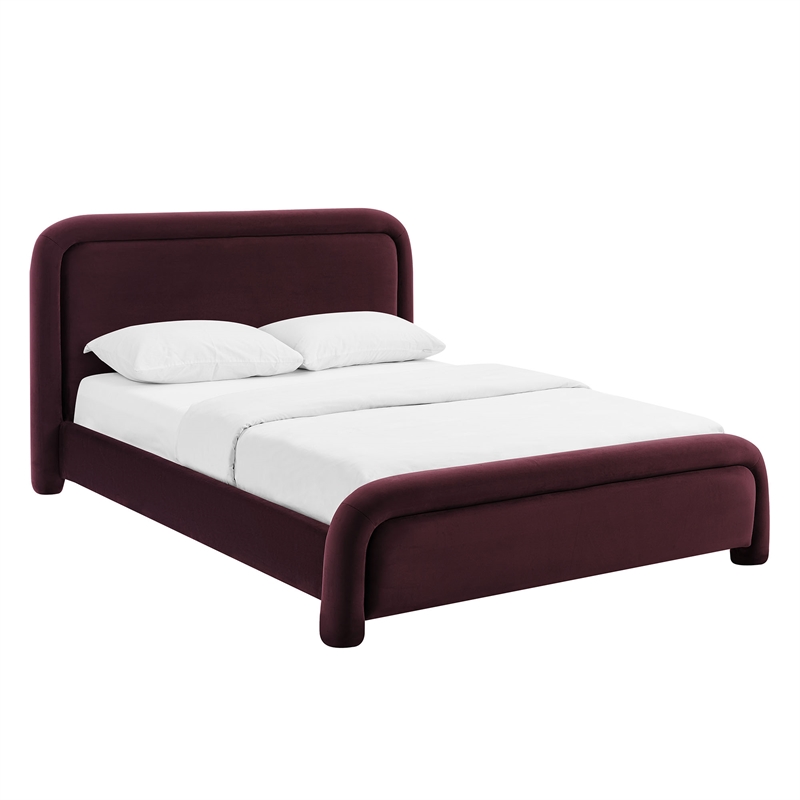 Beck Performance Velvet King Platform Bed with Piped Headboard in Mulberry