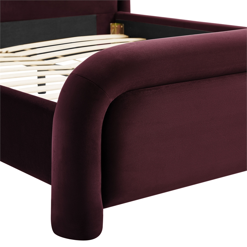 Beck Performance Velvet King Platform Bed with Piped Headboard in Mulberry