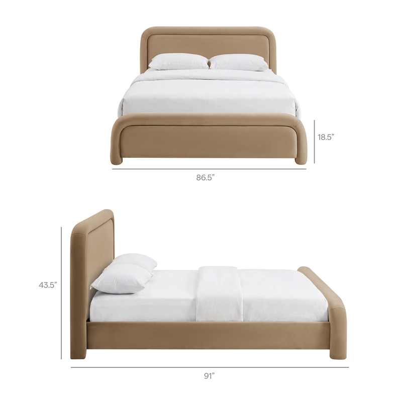 Beck Performance Velvet King Platform Bed with Piped Headboard in Taupe