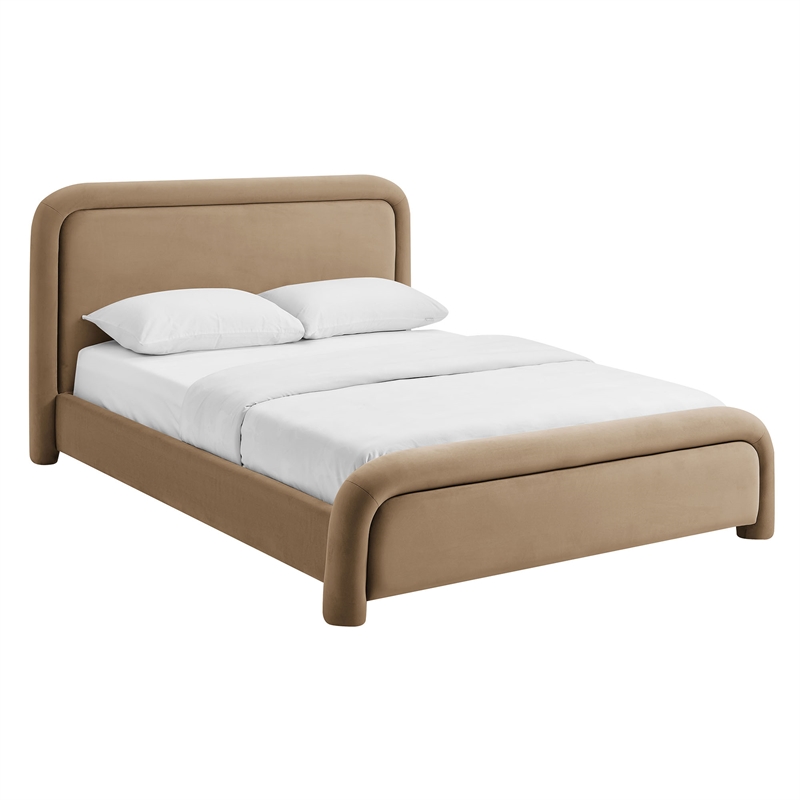 Beck Performance Velvet King Platform Bed with Piped Headboard in Taupe