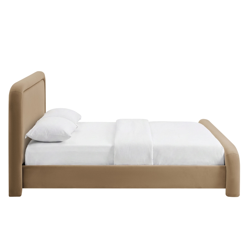 Beck Performance Velvet King Platform Bed with Piped Headboard in Taupe