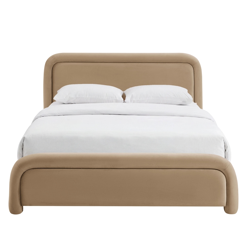 Beck Performance Velvet King Platform Bed with Piped Headboard in Taupe