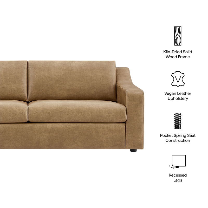 Liora 87 Inch Vegan Leather Sofa with Sloped Arms in Toast