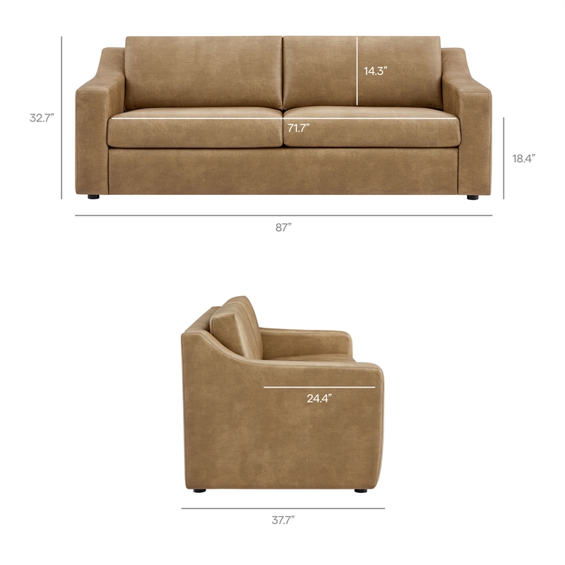 Liora 87 Inch Vegan Leather Sofa with Sloped Arms in Toast